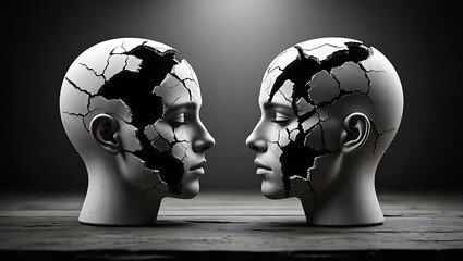 Shattered Sculptures:  Dual Head, Dark Mood, Abstract Art