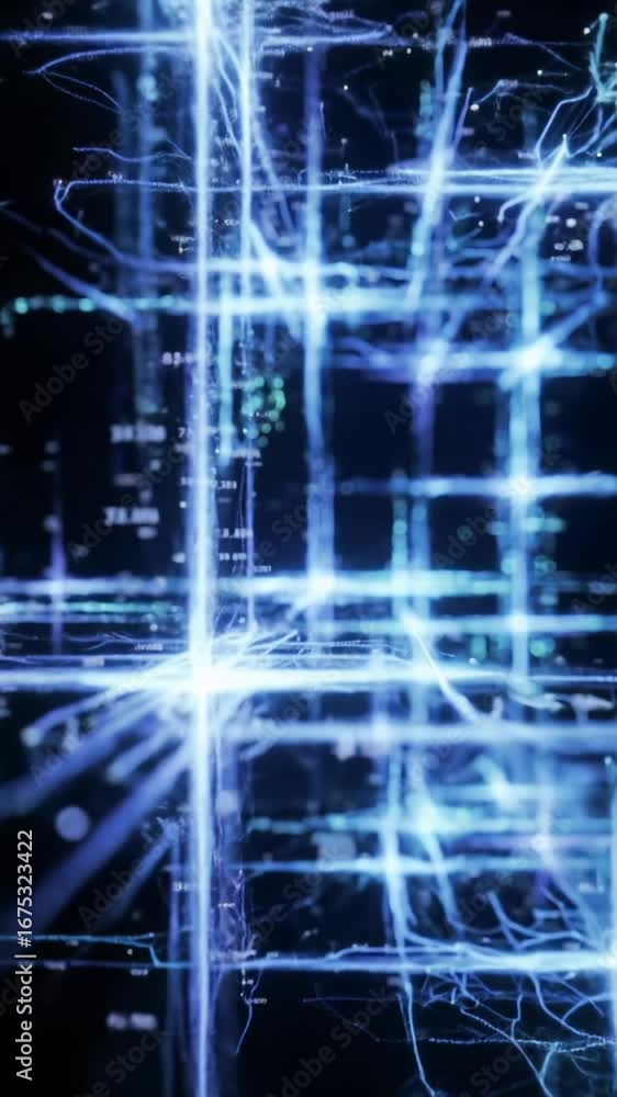 Poster extreme close-up of a dynamic, abstract digital neural network with pulsing bioluminescent neon line