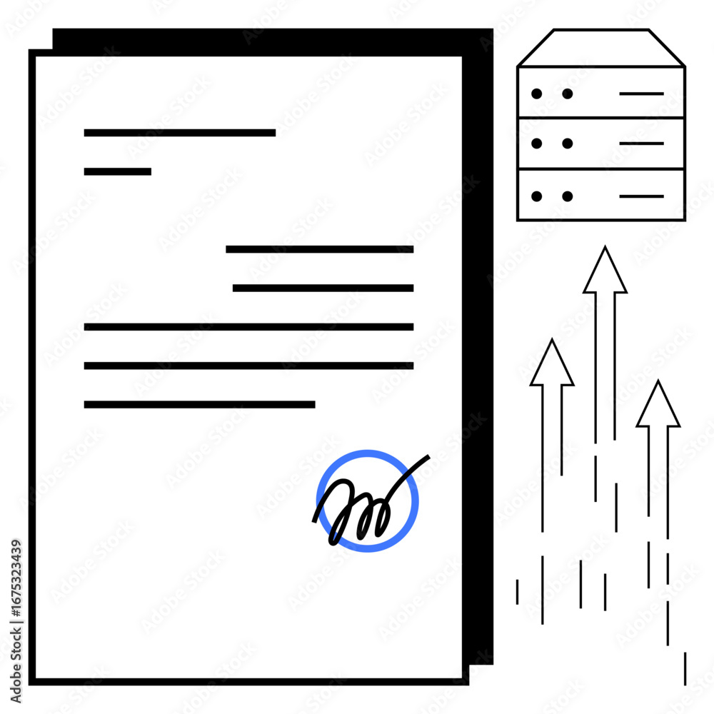 Poster document with handwritten signature, server stack, upward arrows symbolizing data storage, growth, a