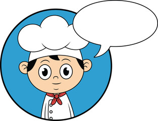 Cartoon young chef illustration, cute boy in chef hat, speech bubble template, culinary character, food concept, kid cooking clipart.