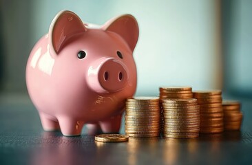 Shiny pink piggy bank with multiple stacks of gold coins on a reflective surface symbolizing savings and financial growth