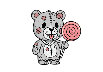 Naklejka premium Creepy cute teddy bear holding a pink swirl lollipop a quirky companion for your designs