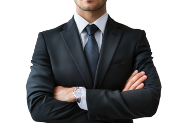 Business professional in a formal suit with arms crossed, displaying confidence and authority in a neutral setting