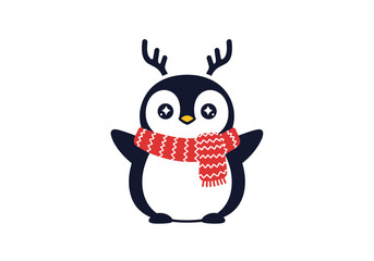 Naklejka premium Adorable cartoon penguin character wearing antlers and a cozy red scarf ready for the winter holidays
