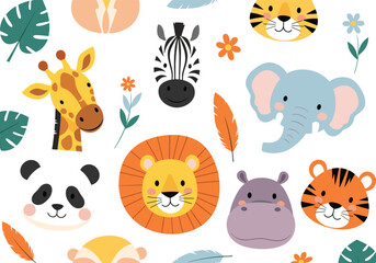Adorable cute wild animals cartoon collection safari jungle zoo creatures great for kids designs baby animals theme