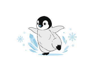 Obraz premium Adorable baby penguin waddles gracefully across frozen landscape amidst winter snowflakes