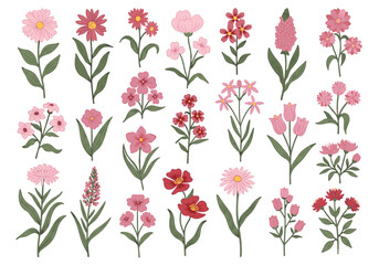 Vibrant pixel art collection of delicate botanical garden blooms in shades of pink and red