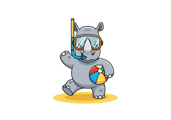 Joyful rhinoceros on beach enjoying summer vacation with beach ball and snorkel gear illustration