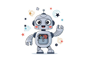 Adorably cute little robot character waving hello with happy expression and colorful swirls and stars around it representing fun and playful energy