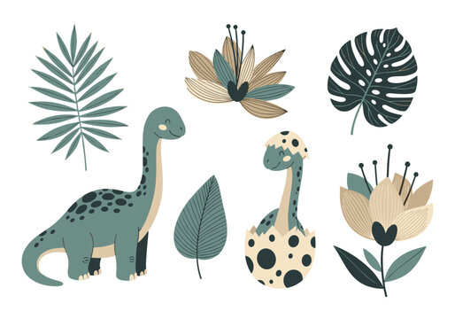 Cute cartoon dinosaurs and tropical leaves jungle elements for kids baby shower party decorations or fabric prints