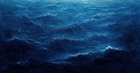Fototapeta premium Dark blue ocean with rolling waves and white splashes under soft lighting conveying depth and motion