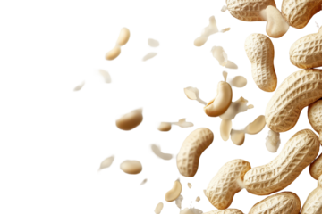 Arrangement of raw peanuts scattered on a transparent background with a focus on texture and detail highlighting their natural appearance