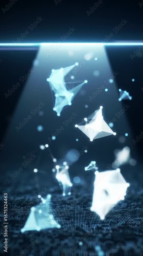 Poster abstract futuristic video of luminous data particles and neural structures drifting upwards, illumin