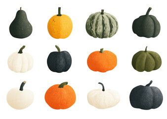 Hand-drawn pumpkin collection set, cute textured gourds in orange, green, and beige, whimsical autumn clip-art for Halloween 2025 and Thanksgiving 2025 festive seasonal decoration