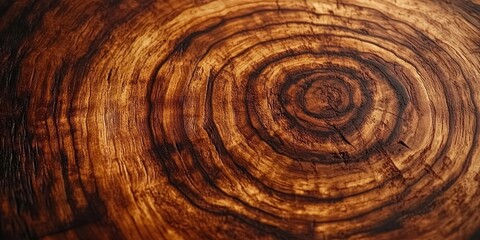 Close-up view of natural tree trunk cross section showing detailed growth rings and textured wood grain in warm brown tones