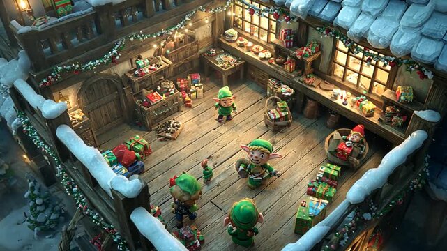 Festive elf workshop scene A whimsical, bird's-eye view of a wooden Christmas elf workshop brimming with presents, cheerful elves, and holiday decorations. 