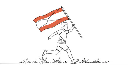 A child joyfully running while holding a flag.