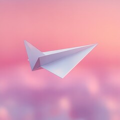 Fototapeta premium white paper airplane flying against a soft pink and purple sky background creating a calm and dreamy atmosphere