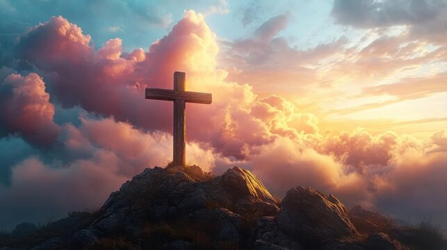 Wooden cross standing on rocky hilltop surrounded by glowing colorful clouds at sunrise or sunset evoking solemn and peaceful emotion - Powered by Adobe