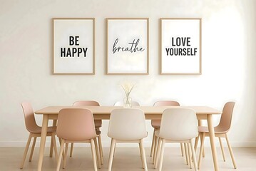 Minimalist Dining Room Interior with Wooden Table and Pastel Chairs. Modern Scandinavian Dining Room with Motivational Wall Art. Cozy Dining Area with Wooden Furniture and Inspirational Quot