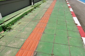 Orange tactile paving on green sidewalk pattern background