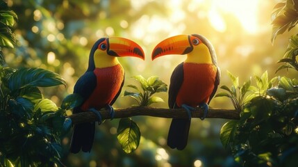 Two colorful toucans perched on a branch surrounded by green leaves in a sunlit forest, creating a peaceful and natural atmosphere
