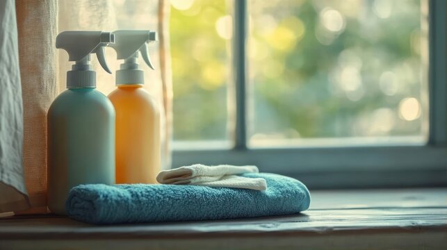 Two spray bottles and neatly folded towels placed on a windowsill with soft natural sunlight creating a calm and clean atmosphere