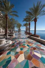 Fototapeta premium Colorful mosaic walkway by the sea. Palm trees line the promenade