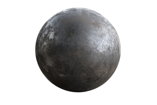 Steel sphere isolated against a clear background showcasing a textured surface and reflecting light variations for detailed examination and artistic use