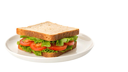 tuna sandwich with fresh lettuce tomato slices and whole grain bread served on a white plate ideal for a healthy lunch option side and top view isolated on white background