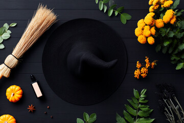 Halloween witch hat and broom flatlay on rustic dark wood holiday decor