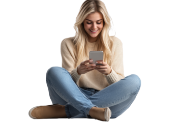 Blonde woman joyfully sits on the floor, engaged with her smartphone in a cozy indoor setting, radiating happiness and relaxation