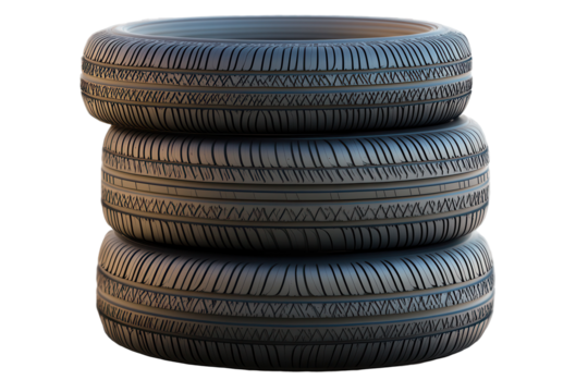 Stacked black rubber tires arranged neatly in a compact formation on a transparent background showcasing their tread design and structure