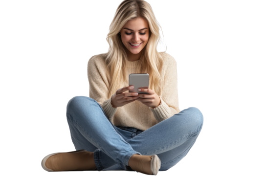 Blonde woman joyfully sits on the floor, engaged with her smartphone in a cozy indoor setting, radiating happiness and relaxation