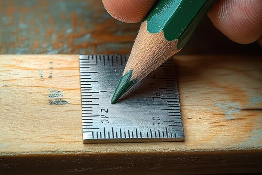 Close-up of hand holding green pencil pointing to a small metal ruler on wooden surface showing precise measurement