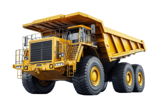Massive yellow mining truck showcasing intricate details and robust design parked at an active mining site during daylight hours