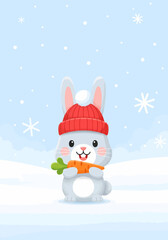 Cute Rabbit with Carrot in Winter Landscape
