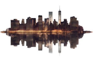 City skyline reflecting in calm water during twilight, showcasing modern architecture and vibrant lights in a densely populated urban landscape