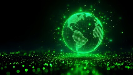 Futuristic glowing earth globe made of green dots over particle field in dark background, symbolizing technology, data, and global connection