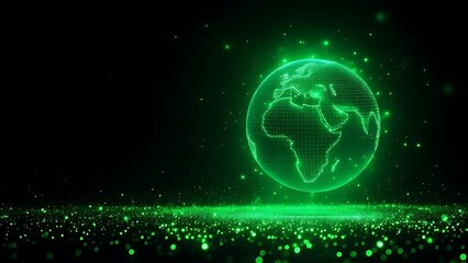 Futuristic glowing earth globe made of green dots over particle field in dark background, symbolizing technology, data, and global connection