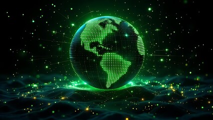 Futuristic glowing earth globe made of green dots over particle field in dark background, symbolizing technology, data, and global connection