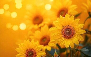 Obraz premium Close-up of vibrant yellow sunflowers glowing in warm sunlight with blurred background creating a cheerful and optimistic atmosphere