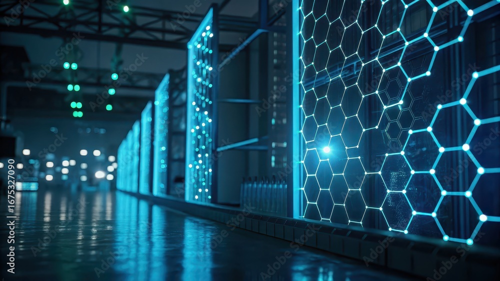 Poster ai dna futuristic data center with glowing blue hexagonal patterns and reflective surfaces.