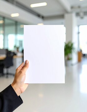 Hand holding a blank A4 paper sheet with space for text or mockups, against a modern office background. Copy space for business, education, or creative use