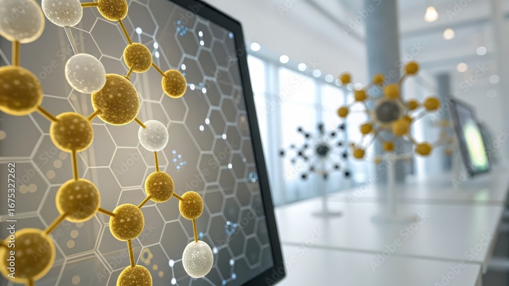 Poster ai dna abstract molecular graphics displayed on a screen in a modern lab setting.