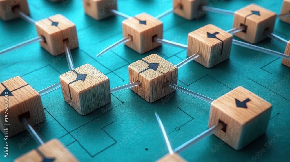 Poster close-up of interconnected wooden cubes with arrows linked by transparent tubes on a teal printed ci