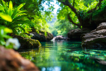 Fototapeta premium Serene forest pool with dark green water and lush vegetation nature scene