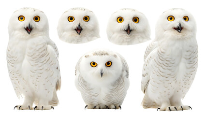 Obraz premium cartoon snowy owl collection with various poses isolated on a transparent background isolated on white background