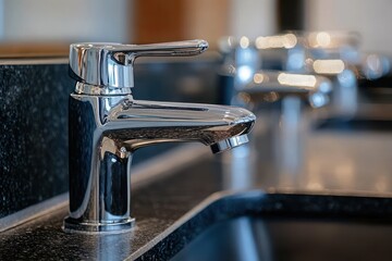 Close-up of shiny chrome faucet on black granite countertop with blurred background faucets in modern setting