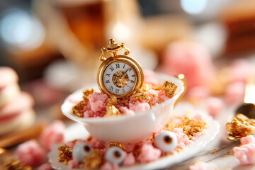 Steampunk clock and teacup with floating eyes surreal fantasy art concept